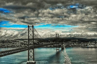 Suspension bridge over river against cloudy sky