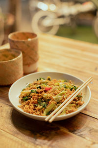 Close-up of meal served on table