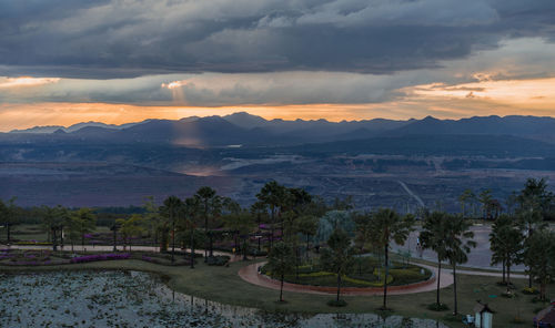 High angle view of landscape against sky during sunset