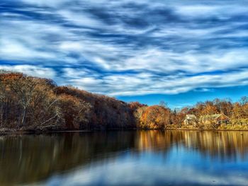 Scenic view of lake against cloudy sky
