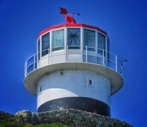 Low angle view of lighthouse against clear blue sky