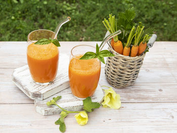 High angle view of orange juice on table