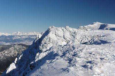 Low angle view of snow against clear sky