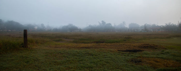 Scenic view of field against sky during foggy weather