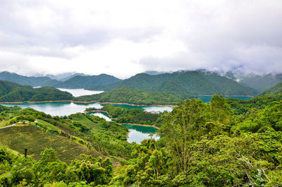 Scenic view of trees and mountains against sky