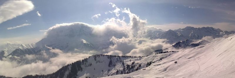 Scenic view of mountains against cloudy sky
