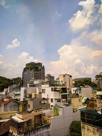 High angle view of buildings against sky