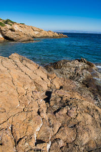 Scenic view of beach against clear blue sky