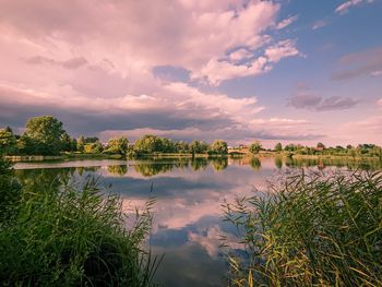 Scenic view of lake against sky during sunset