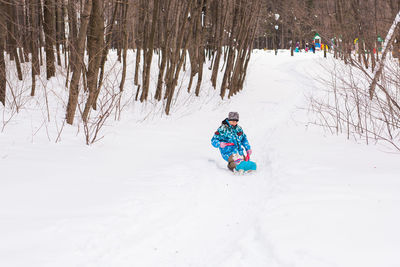 Rear view of person on snow covered field