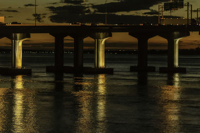 Reflection of bridge on water in city