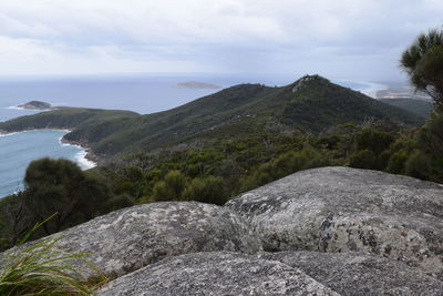 Scenic view of sea and mountains against sky