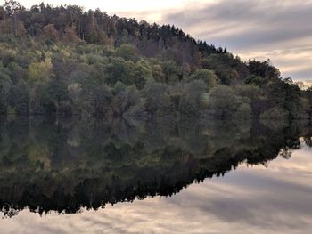 Scenic view of lake by trees against sky