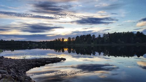 Scenic view of lake against sky at sunset