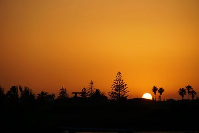 Silhouette trees against orange sky