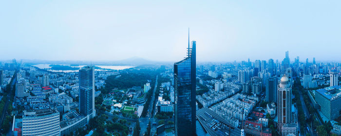 High angle view of modern buildings in city