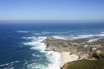 Scenic view of sea against clear blue sky