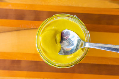 High angle view of drink in glass on table