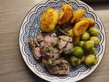 High angle view of food in plate on table