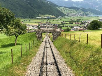 High angle view of walkway amidst field