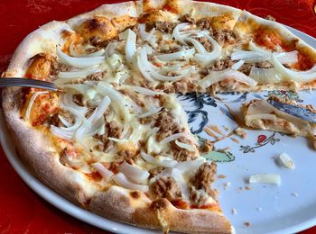 High angle view of pizza served in plate