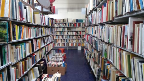 Row of books in library