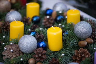 High angle view of christmas decorations on table