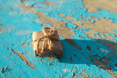 High angle view of insect on blue table
