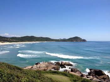 Scenic view of sea and mountains against clear blue sky