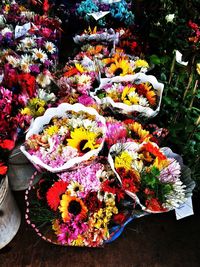 High angle view of multi colored flowers for sale in market