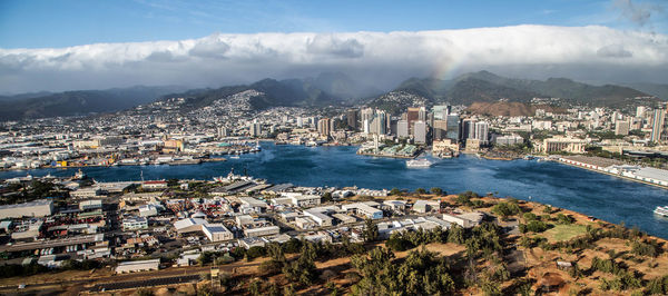 High angle view of river and cityscape against cloudy sky