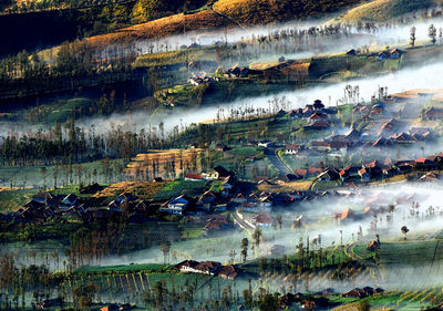 High angle view of lake by buildings