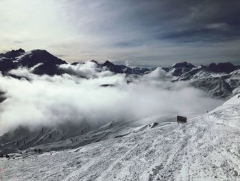 Scenic view of snow covered mountains against sky