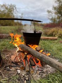 Wooden log burning in field
