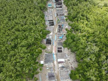 High angle view of road amidst trees in city