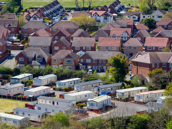 High angle view of townscape and houses in city