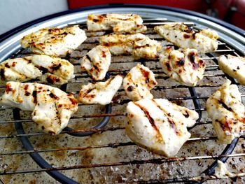 High angle view of food on barbecue grill