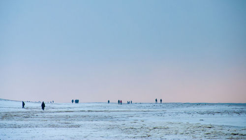 People on beach against clear sky