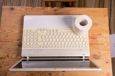 High angle view of coffee cup on table