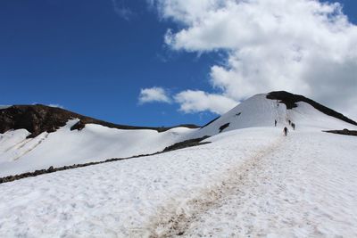 Low angle view of snow covered mountain against sky