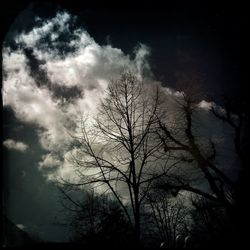 Low angle view of bare trees against cloudy sky