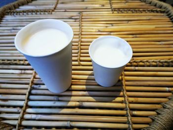 High angle view of coffee cup on table