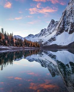 Scenic view of snowcapped mountains and lake against sky