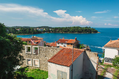 High angle view of townscape by sea against sky