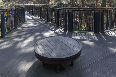 High angle view of empty wooden railing in city