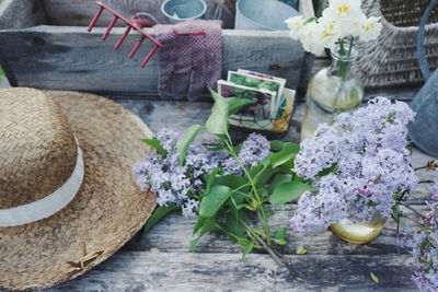 High angle view of flowers in basket on table