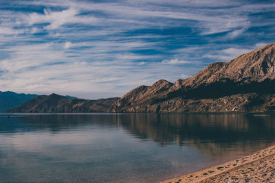 Scenic view of lake and mountains against sky