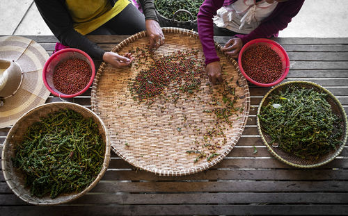 High angle view of vegetables on table