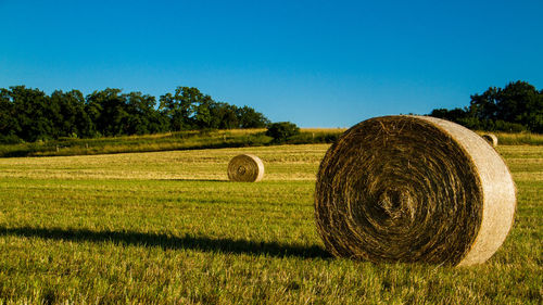 Hay bales on farm against clear blue sky