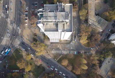 High angle view of street amidst buildings in city